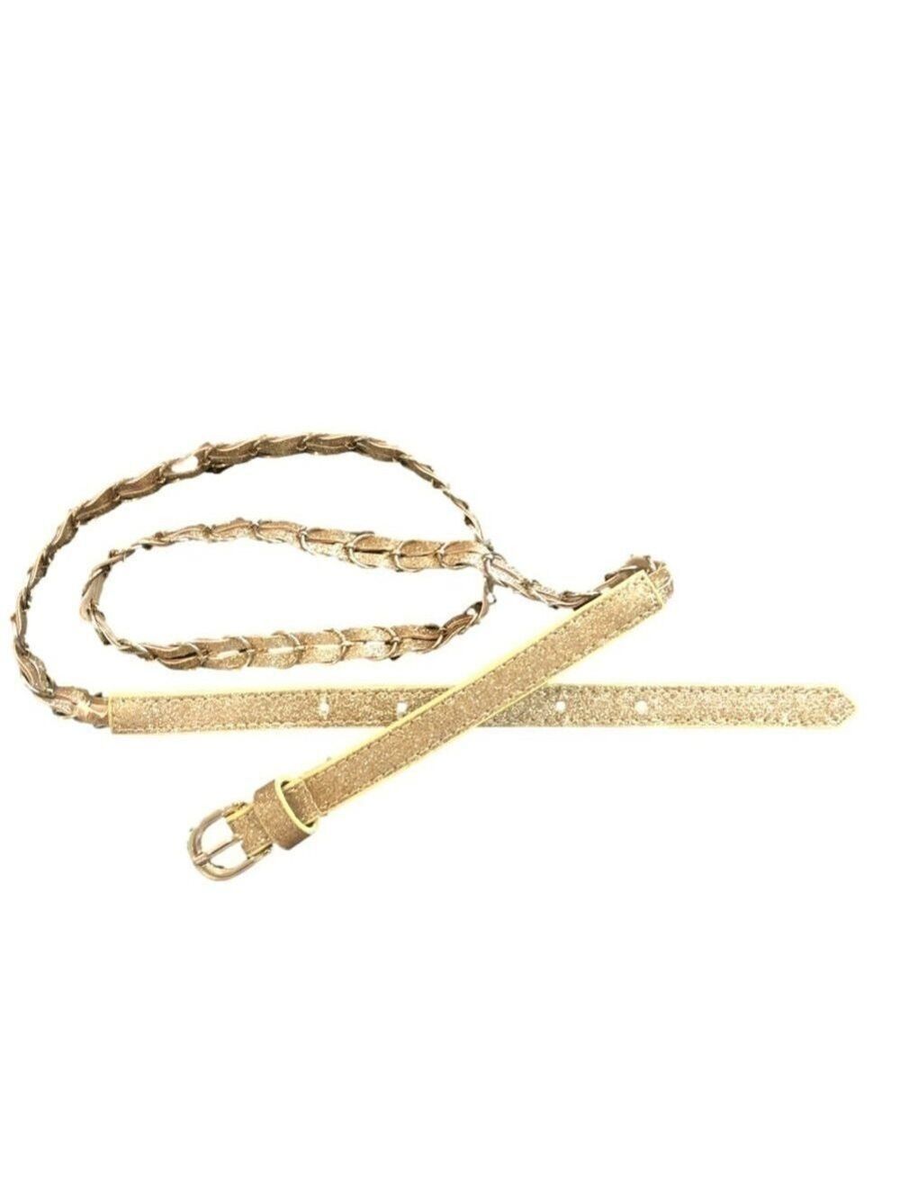 Gold glitter and chain 0.5” women’s belt. 39” long.